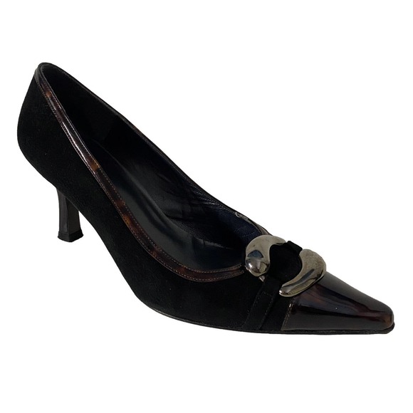 Stuart Weitzman Pump Black Suede Tortoise Shell Patent Trim Cap Point To… - Picture 1 of 10